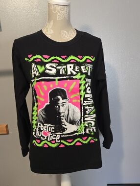 Poetic Justice Black Graphic Tee with Neon Pink & Neon Green Accents. Tupac